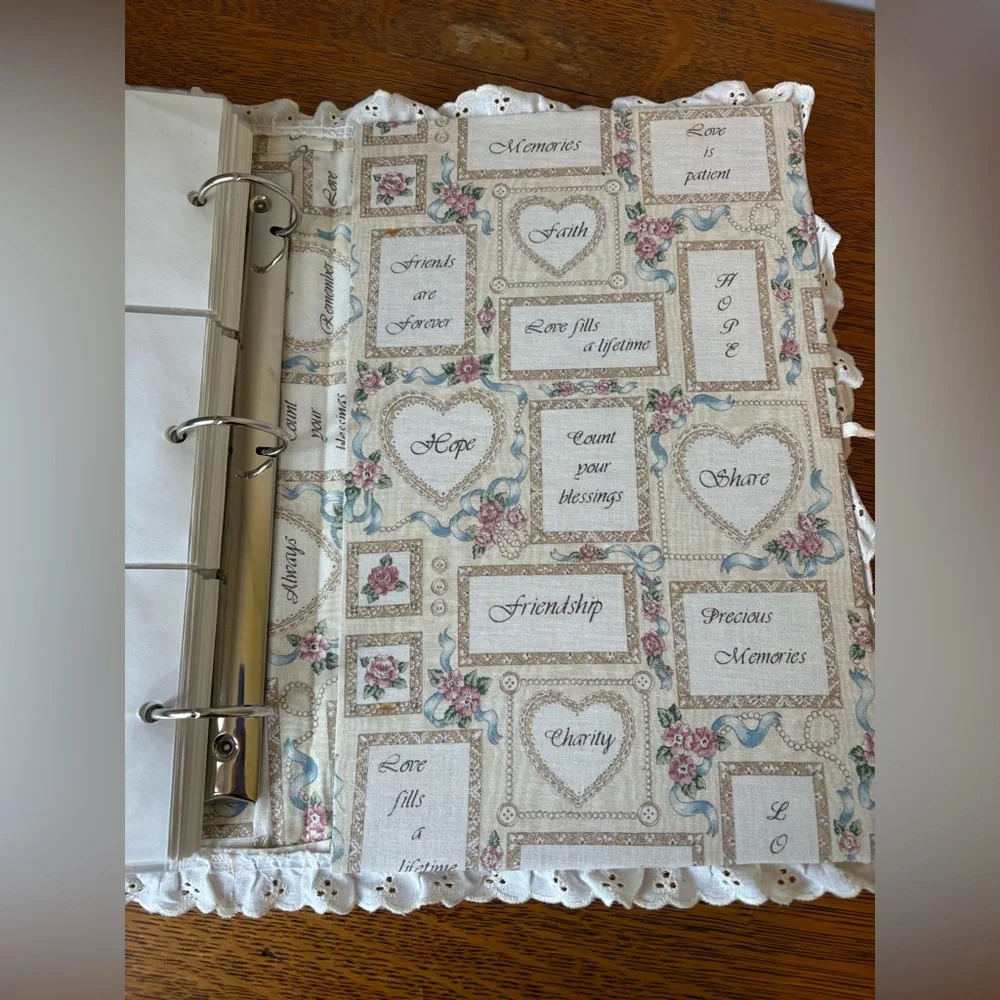 Vintage Fabric Covered Photo Album Shabby Chic Bow Heart Eyelet Scalloped Edge